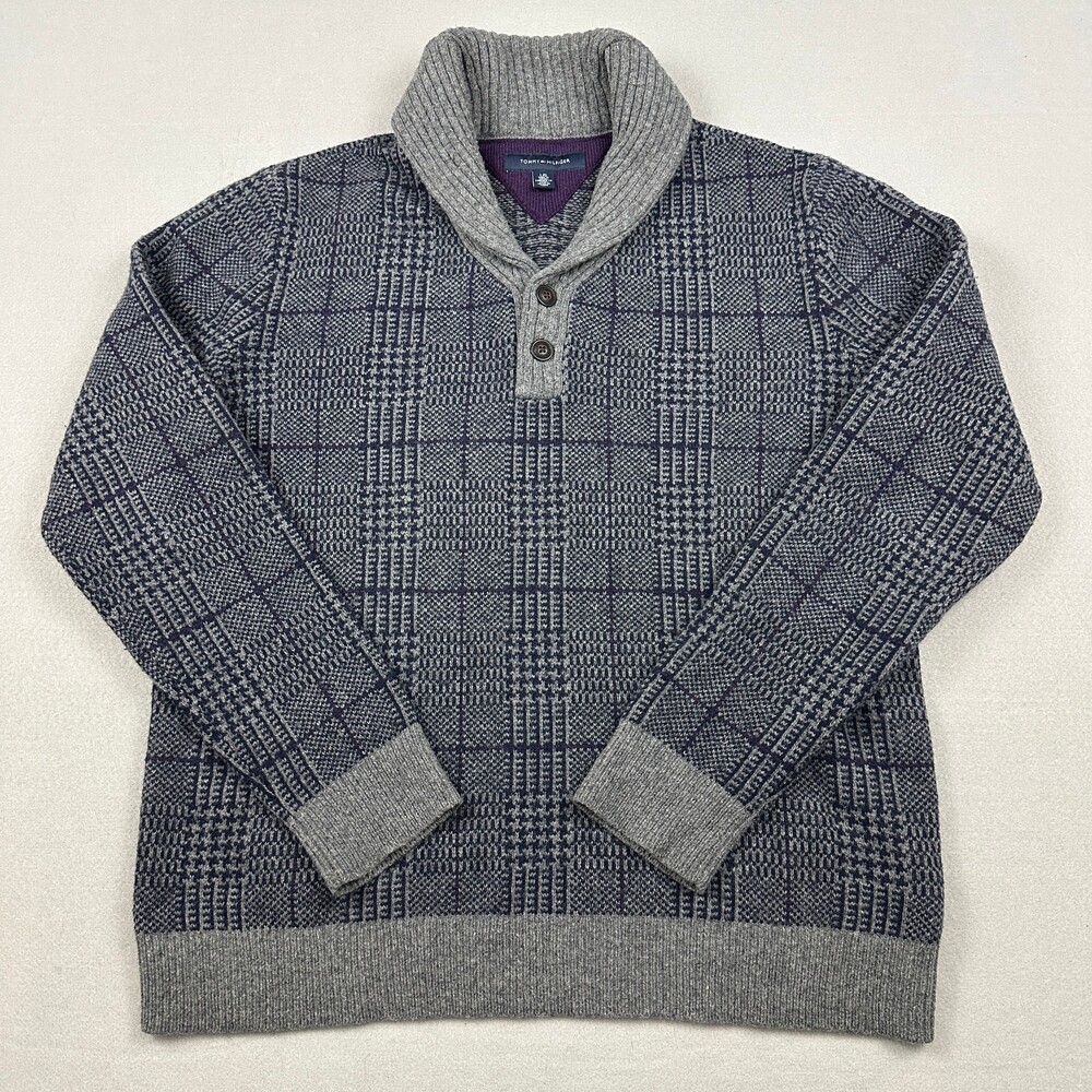 Tommy Hilfiger Sweater Men Large Gray Plaid Heavyweight Shawl Collar Lambswool L